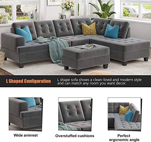 RINIMEI L-Shaped Tufted Cushion Corner Couch Microfiber Upholstery Sectional Sofa Easy Assemble with Storage Ottoman and Reversible Chaise Lounge for Home & Apartment Living Room Furniture Sets, Gray