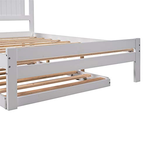 Full Size Platform Bed with Adjustable Trundle, Wooden Platform Bed Frame with Headboard, White