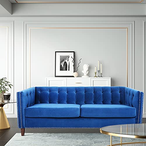 ONCIN Furniture Modern Velvet Upholstered Sofa Loveseat with Wooden Leg for Living RoomBed RoomOffice, Blue, 77.5 Velvet Sofa