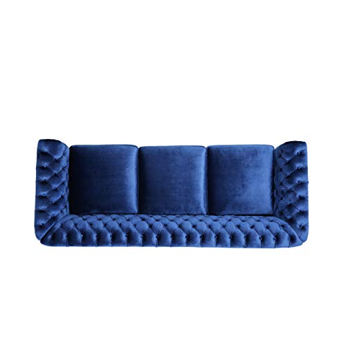 Christopher Knight Home Vita Tufted Microfiber Sofa with Scroll Arms, Navy Blue, Dark Brown