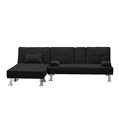 Polibi 3-Piece Black Fabric Sofa Couch Set, Convertible Folding Sofa Bed with Two Cup Holders, Single Sofa Bed with Ottoman, Removable Armrest and Metal Legs