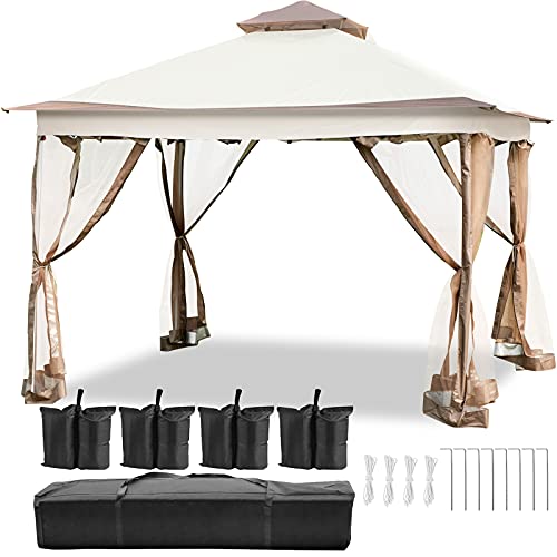 Happybuy 12x12ft Outdoor Pop-Up Canopy Gazebo Starter Kit, Equipped with Four Sandbags, Ground Spikes, Netting, Ropes, Carrying Bag - Portable Brown Tent for Backyard, Patio and Lawn, Upgraded Version