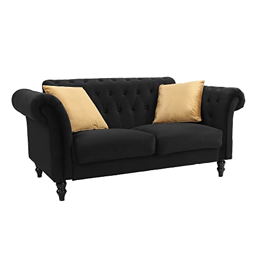 66'' Velvet Upholstered Living Room Tufted Loveseat/Couch with Roll Arms and 2 Toss Pillows, Black