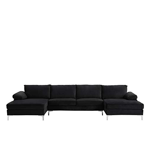 Casa AndreaMilano Modern Large Velvet Fabric U-Shape Sectional Sofa, Double Extra Wide Chaise Lounge Couch, Black