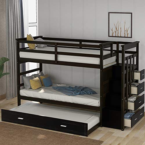 Wood Bunk Bed Twin Over Twin Size Bunk Bed Frame with Stairway Trundle and 4 Storage Drawers for Boys and Girls, with Slats and Guard Rails, Espresso