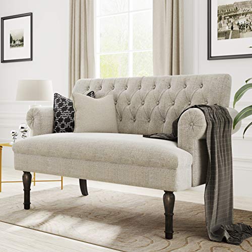 Merax 58” Beige Linen Button Tufted Scrolled Arm Loveseat Sofa Couches, Chesterfield Settee Bench with High Wooden Legs (Pillows not Included)