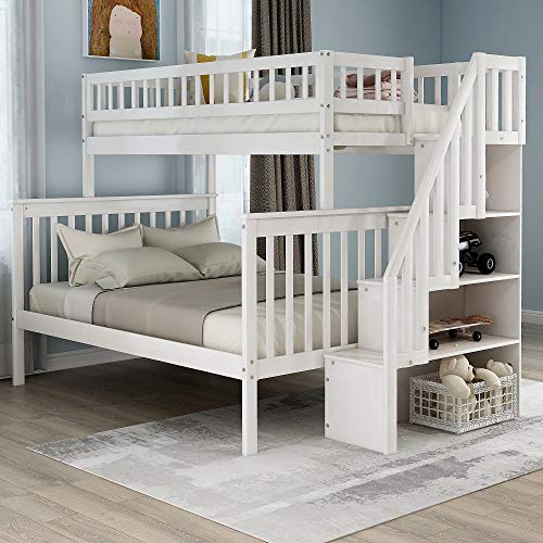 Solid Wood Twin Over Full Bunk Beds , Kids Bunk Bed Twin over Full Size With Stairs and Storage Shelves ,White Bunk Beds
