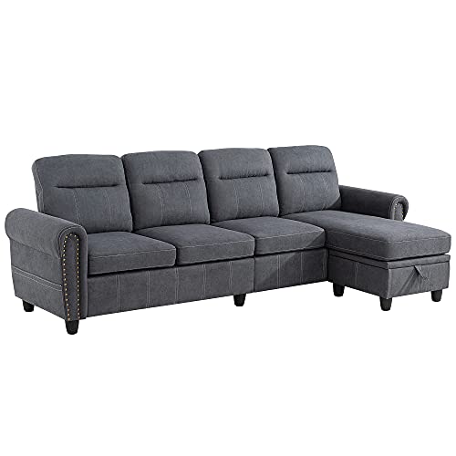Walsunny 4-seat Sectional Sofa Couch with Reversible Chaise, Convertible L-Shaped Couch with Storage Ottoman for Living Room(Grey)