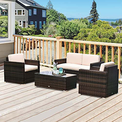 Outsunny 4-Piece Cushioned Patio Furniture Set, with 2 Chairs, Sectional, and Glass Coffee Table, Rattan Wicker, Brown