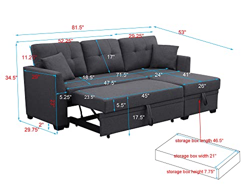 Sectional Sofa with Pull-Out Bed and Storage Chaise, 81.5