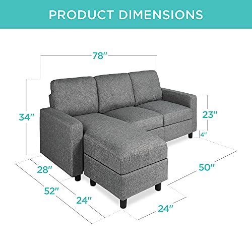 Best Choice Products Linen Sectional Sofa for Home, Apartment, Dorm, Bonus Room, Compact Spaces w/Chaise Lounge, 3-Seat, L-Shape Design, Reversible Ottoman Bench, 680lb Capacity - Gray