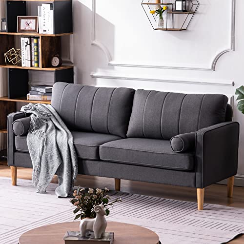 Idealismliving 74'' Modern Sofa Couch, Fabric Upholstered 3 Seater Living Room Sofa with 2 Bolster Pillows and Solid Wood Legs, Comfortable Couch for Bedroom, Office, Apartment, Grey