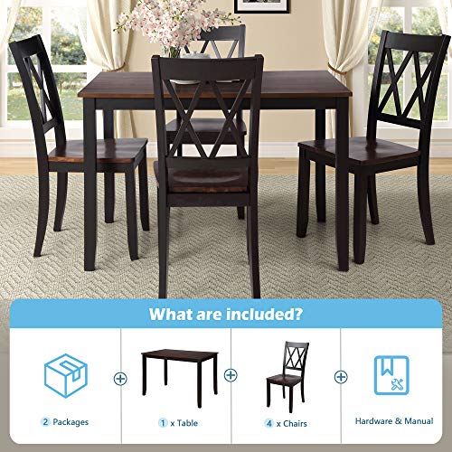 Dining Table Set, 5 Piece Kitchen Dining Table Set, Wooden Dining Table and Chair Set, Kitchen Dining Room Furniture (Black+Cherry)
