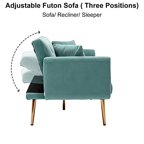 Homtique Convertible Futon Sofa Bed Velvet Sleeper Sofa Couch with 2 Pillows, Folding Reclining Futon Couch for Living Room, Apartment, Bedroom, Bonus Room, Adjustable Loveseat with Armrests