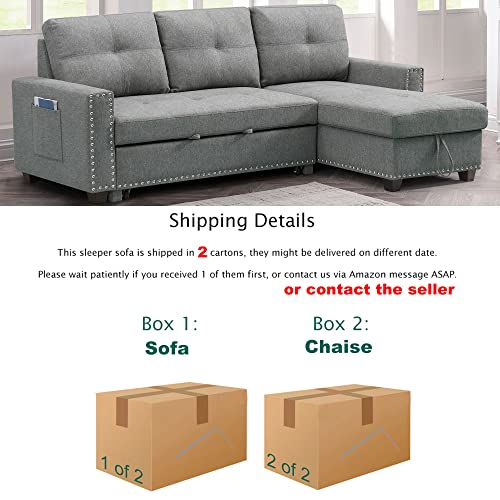 85'' Reversible Sleeper Sectional Sofa Couch with Pull-Out Sleeper, L-Shape 3-Seater Convertible Corner Couch Sofa Bed with Storage Chaise for Living Room Furniture Set (Grey)
