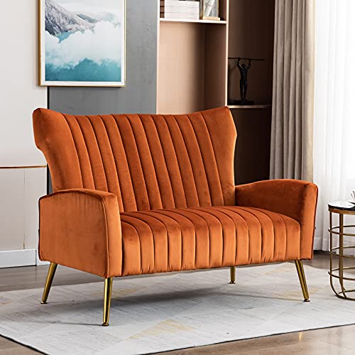 Artechworks Curved Tufted Contemporary Velvet HighBack Loveseat Sofa Chair Upholstered Couch with Gold Metal Legs Two-Seat Sofa for Living Room Bedroom Apartment Small Space Dorm, Caramel Color