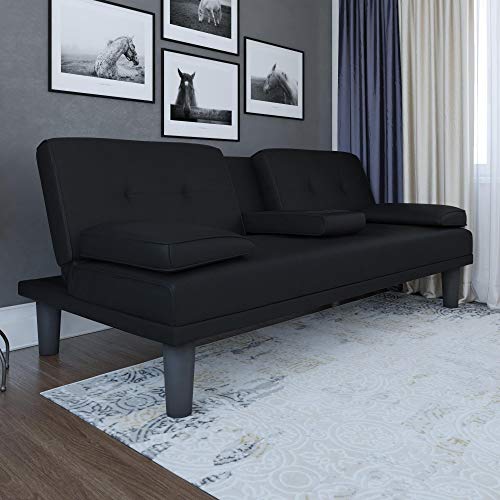 DHP Marley Sofa Sleeper with Cupholder and 2 Pillows, Black Faux Leather