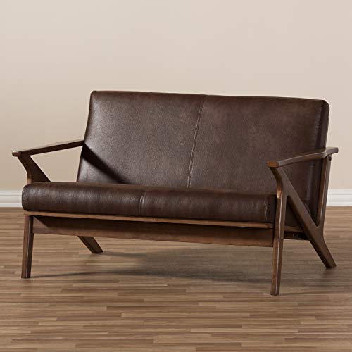 Baxton Studio Bianca Mid-Century Modern Walnut Wood Dark Brown Distressed Faux Leather 2-Seater Loveseat Mid-Century/Dark Brown/Walnut Brown/Faux Leather/Rubber Wood/