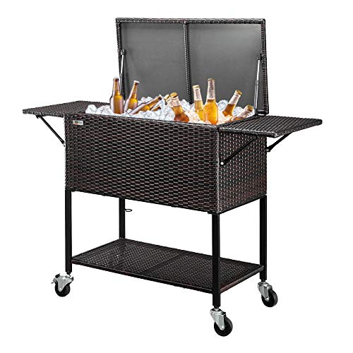 VINGLI 80 Quart Rattan Rolling Cart, Portable Wicker Cooler Trolley, Beverage Bar for Patio Pool Party, Ice Chest with Shelf,Mix Brown