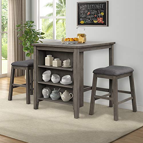3-Piece Square Wooden Dining Table with Built-in Storage Shelf and 2 Padded Stools for Dining Kitchen Area or Rooms, Dark Gray