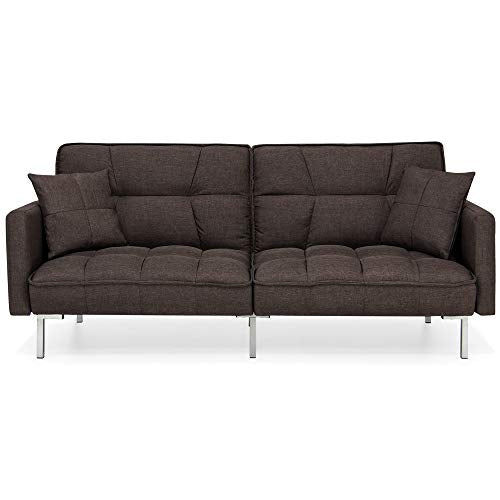 Best Choice Products Linen Upholstered Tufted Convertible Splitback Sleeper Futon w/Pillows, Brown