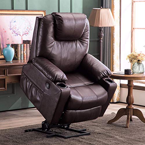Mcombo Large Power Lift Recliner Chair with Massage and Heat for Elderly Big and Tall People, 3 Positions, 2 Side Pockets and Cup Holders, USB Ports, Faux Leather 7517 (Large, Dark Brown)
