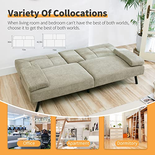 Modern Futon Sofa Bed, Convertible Sleeper Couch Daybed with 2 Cup Holders Removable Memory Foam Armrest, Folding Sofa for Compact Living Space, Apartment, Office, Living Room(Sage Grey)