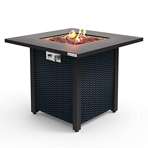 SereneLife Outdoor Pit CSA Approved Safe 40,000 BTU Pulse Ignition Propane Gas Fire Table Tabletop, Rattan-Look Steel Panel, 6.6 Lbs Decorative Lave Rock Set SLFPS3