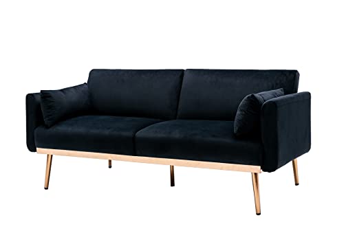 LoLado Velvet Futon Sofa Bed, Modern Tufted Convertible Sleeper Sofa with 2 Throw Pillow, Adjustable Loveseat, Accent Couch for Living Room, Bedroom, Bonus Room (Black)