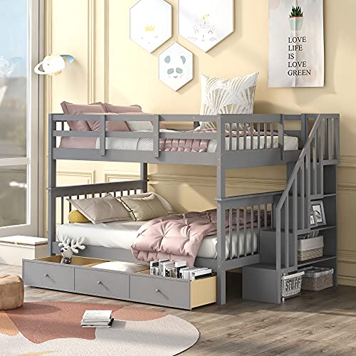 Full-Over-Full Bunk Bed with 4 Storage Stairway , 3 Drawers and Guard Rail, Full-Over-Full Bunk Bed for Bedroom, Dorm, for Family, Kids, Teens, No Box Spring Needed