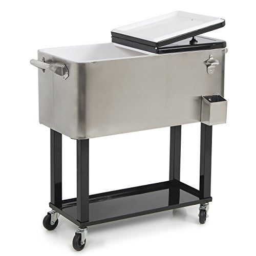 BELLEZE 80-Quart Portable Rolling Ice Chest Cooler Cart Patio Party Drink Ice, Stainless Steel