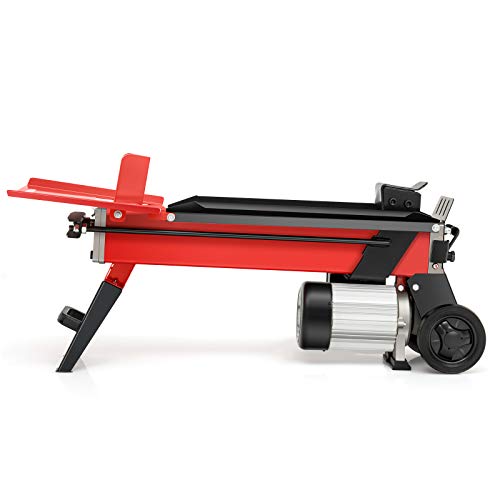 Goplus Electric Log Splitter, 7-Ton Hydraulic Horizontal Wood Splitter w/ 2000W Motor, Durable Transport Wheels and Control Lever Guard, Red