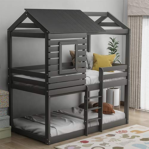 Twin Over Twin Bunk Bed with Roof, Wooden House Bed with Window, Guardrail, Ladder for Kids, Teens, Girls, Boys (Gray)