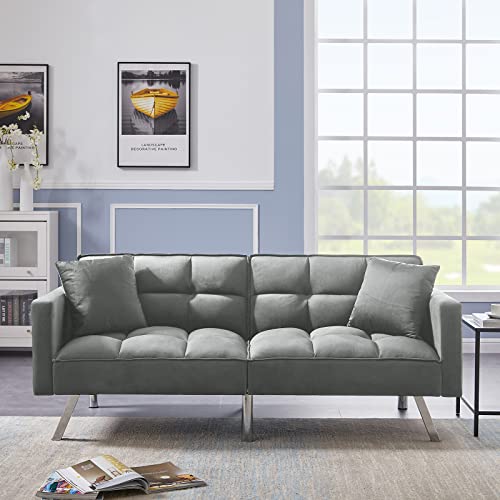 Velvet Sleeper Sofa Bed Modern Tuft Futon Sofa Couch with 3 Adjustable Angles Convertible Loveseat Sleeper Sofa Bed Twin Size with Arms and 2 Pillows for Living Room (Grey)