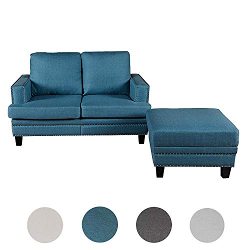 Top Space Loveseat Couch Modern Upholstered Mid Century Sofa Casual Arm Chair/Ottoman Linen Fabric Footstool Rivet Design Household Change Shoe Bench Sofa Living Room Furniture(2 PCs, Blue)
