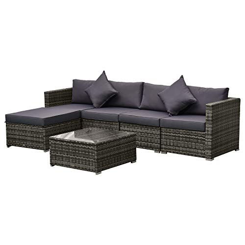 Outsunny 6 Piece Outdoor Patio Wicker Sofa Set Sectional Furniture Chair Conversation Set with Cushions and Tea Table Grey
