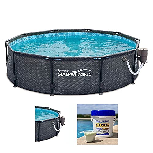 Summer Waves P20010301 Active 10ft x 30in Outdoor Round Frame Above Ground Swimming Pool Set with 120V Filter Pump & Solution Blend, Gray Wicker