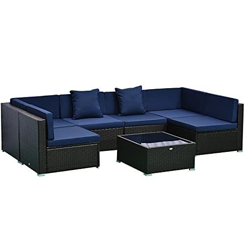 7 Piece Modern Rattan Wicker Garden Outdoor Furniture Modular Sectional Patio Set - Dark Coffee/Light Blue