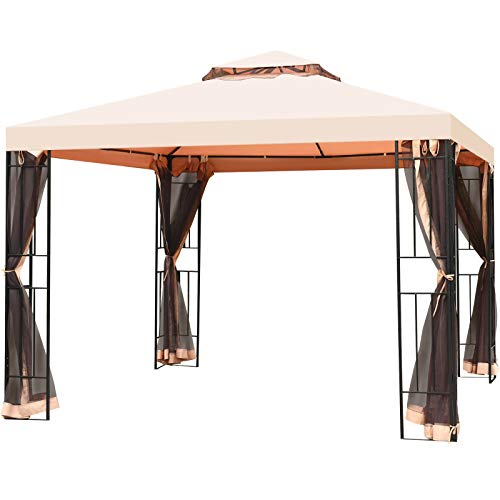 Tangkula 10x10 Feet Patio Steel Gazebo, Large Outdoor Canopy Gazebo with Netting, Zippers & 2 Tier Vented Roof, Steel Canopy Gazebo for Patio, Yard, Garden