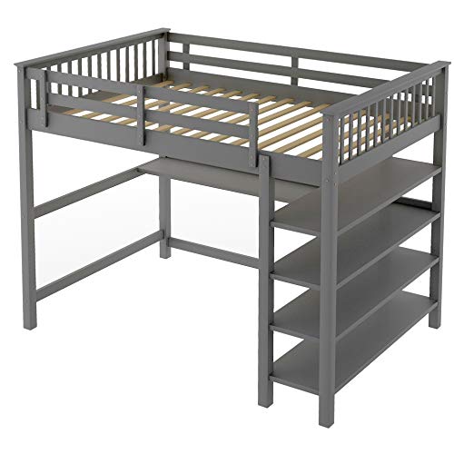Full Size Loft Bed , Loft Bed with Desk and Storage Shelves, Wooden Full Size Loft Bed with Desk , No Box Spring Needed (Full,Gray with Shelves )