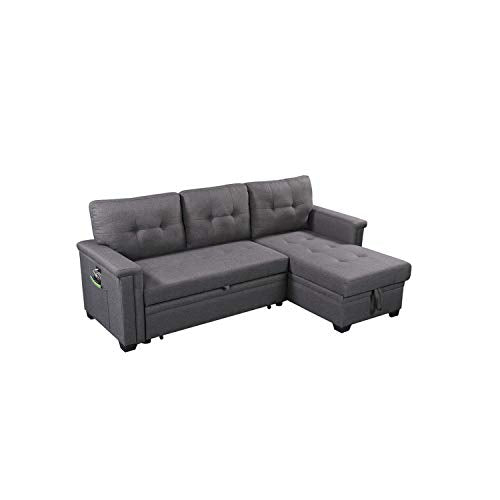 Lilola Home Reversible Sleeper Sectional Sofa with Storage Chaise and Pocket, Dark Gray