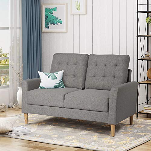 VECELO Modern Tufted Fabric Sofa with Armrest/Solid Wood Legs,Living Room Sets,Grey