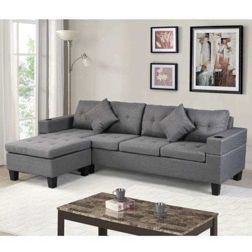 UNIROI Set L Shape 4 Seat Couch for Living Room with Reversible Left/Right Hand Chaise Lounge, 2 Cup Holders and 2 Throw Pillows, 98 Inchees Home Apartment Modern Soft Sectional Sofa, Gray, Grey