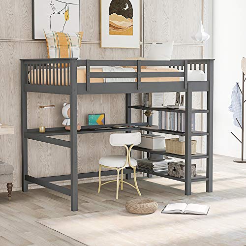 Loft Bed with Desk, Full Size Loft Beds with Storage Shelves, Wood Loft Bed Frame with Full-Length Guardrail and Ladder for Boys Girls Kids Teens Adults, No Box Spring Needed, Grey