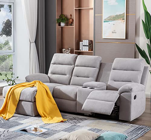 RINIMEI L-Shaped Upholstered Manual Reclining Sectional Sofa with Storage Chaise Lounge Couch and 2 Cup Holders for Living Room Furniture Sets, Light Grey