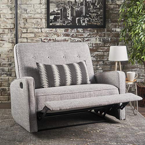 GDFStudio Christopher Knight Home Calliope Buttoned Fabric Reclining Loveseat, Light Grey Tweed / Black