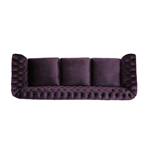 Vita Chesterfield Tufted Jewel Toned Velvet Sofa with Scroll Arms, BlackBerry