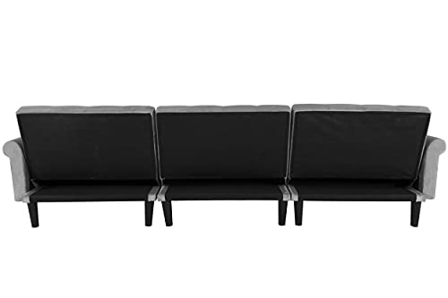 Livspace Convertible Futon Bed, 115”L Sectional Velvet Sleeper Sofa Couch with Reversible Chaise and 2 Pillows for Living Room and Small Space-Light Grey