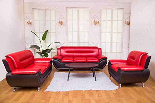 Greatime Red & Black Leatherette Three Seats Modern Sofa/Modern Contemporary Faux Leather Living Room Sofa/Leatherette Modern Sofa with Pillow Top Armrest & Stainless Steel Sofa Legs