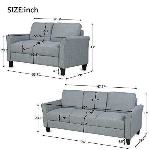 Sofa and Loveseat Set,JULYFOX 2 Piece Living Room Furniture Set Tufted Linen Fabric 3 Seater Couch and 2 Seater Loveseat Set-Gray